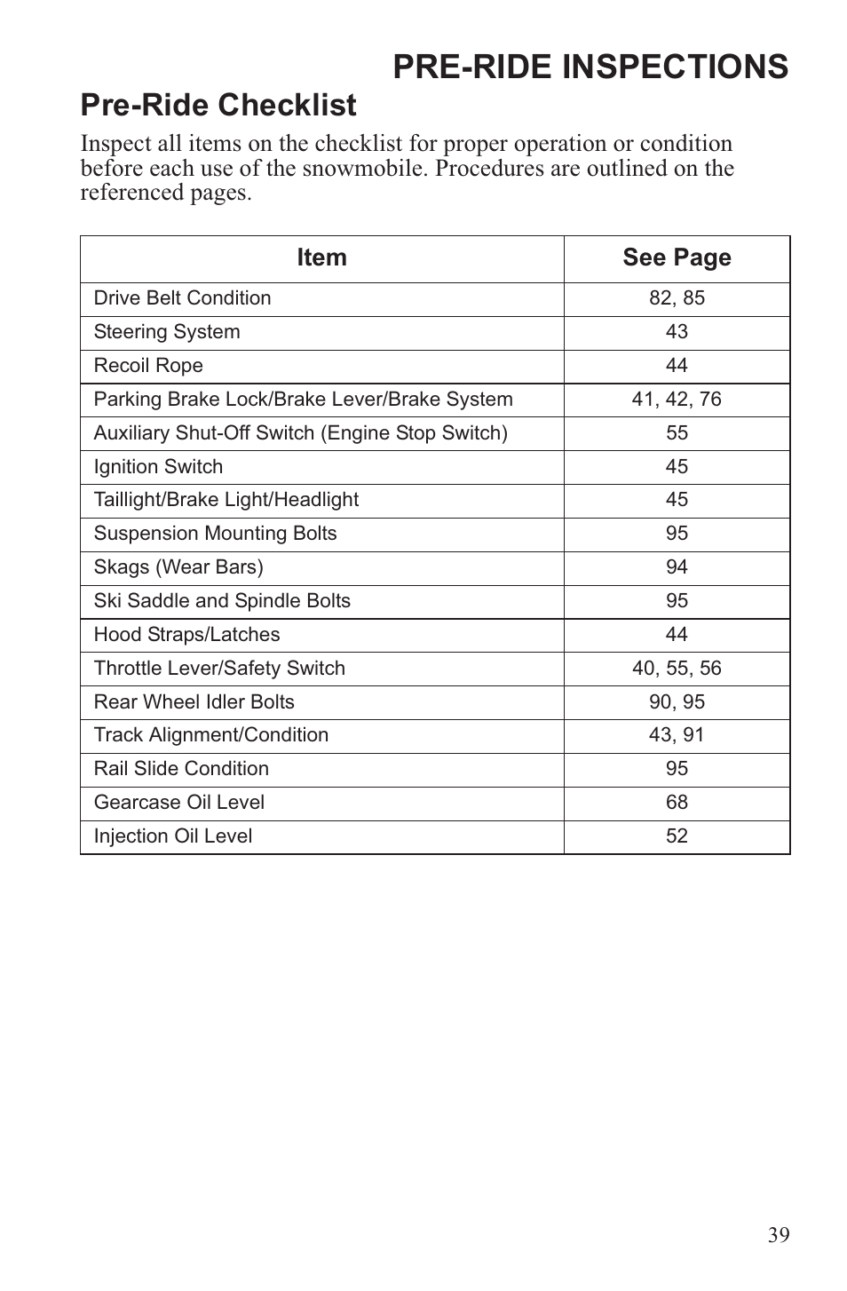 Pre-ride inspections, Pre-ride checklist | Polaris 2013 WideTrak LX User Manual | Page 43 / 131