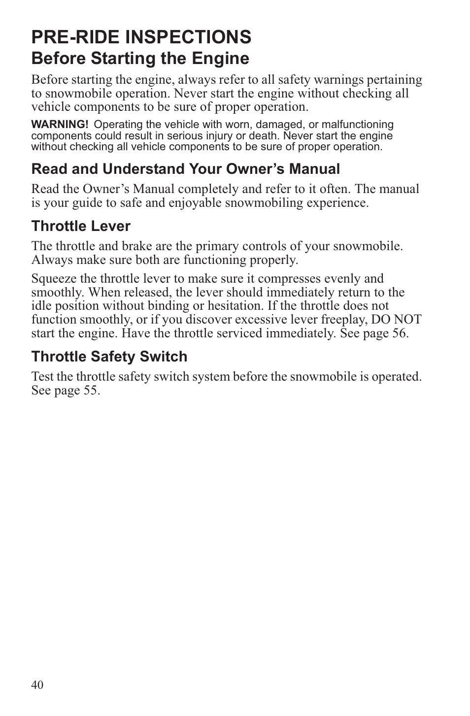 Pre-ride inspections, Before starting the engine | Polaris 2013 WideTrak LX User Manual | Page 44 / 131
