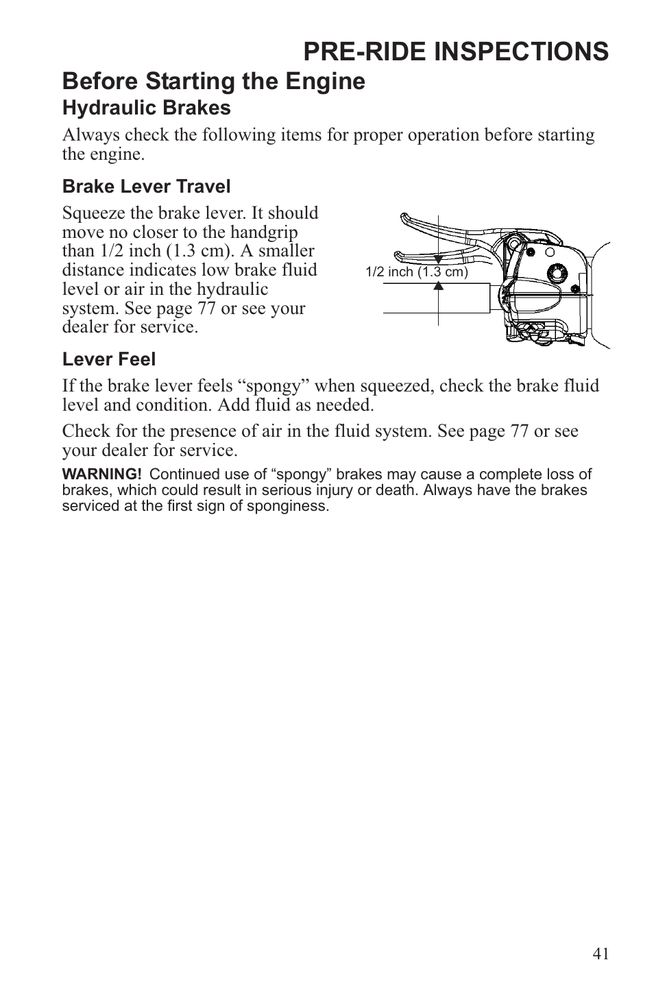 Pre-ride inspections, Before starting the engine | Polaris 2013 WideTrak LX User Manual | Page 45 / 131