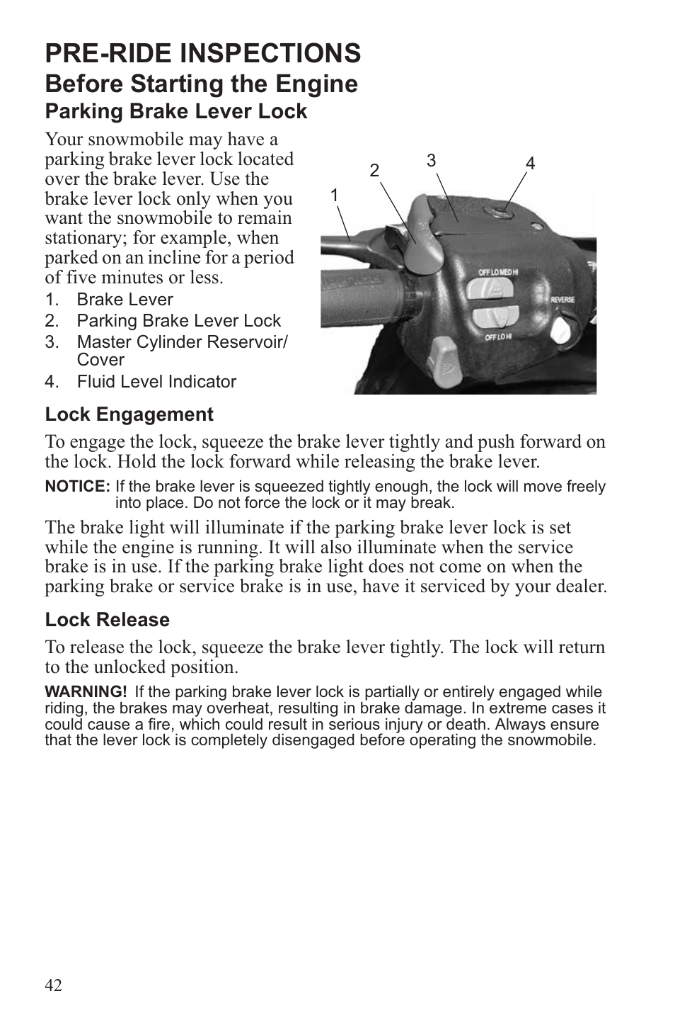 Pre-ride inspections, Before starting the engine, Parking brake lever lock | Polaris 2013 WideTrak LX User Manual | Page 46 / 131