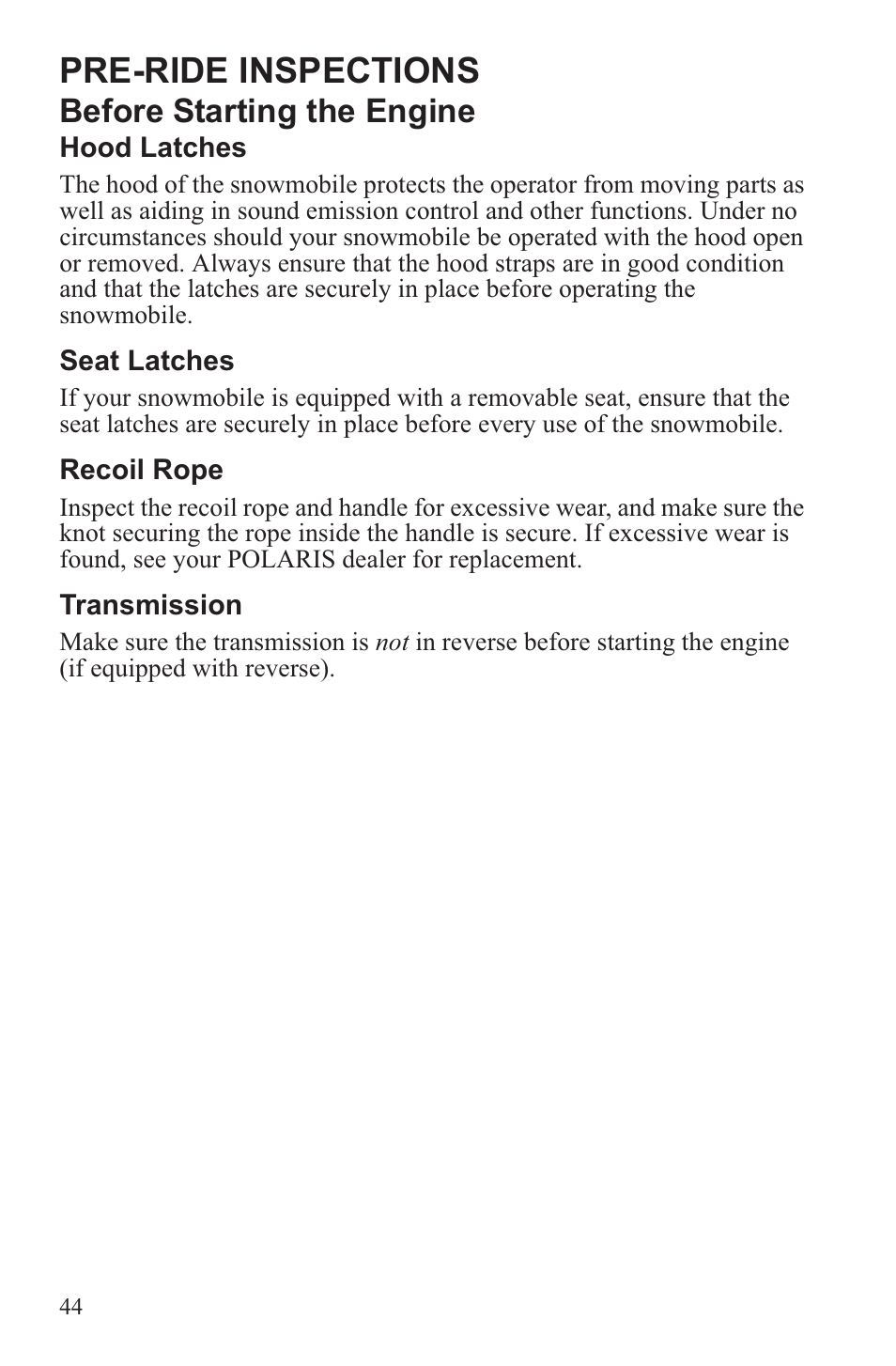 Pre-ride inspections, Before starting the engine | Polaris 2013 WideTrak LX User Manual | Page 48 / 131