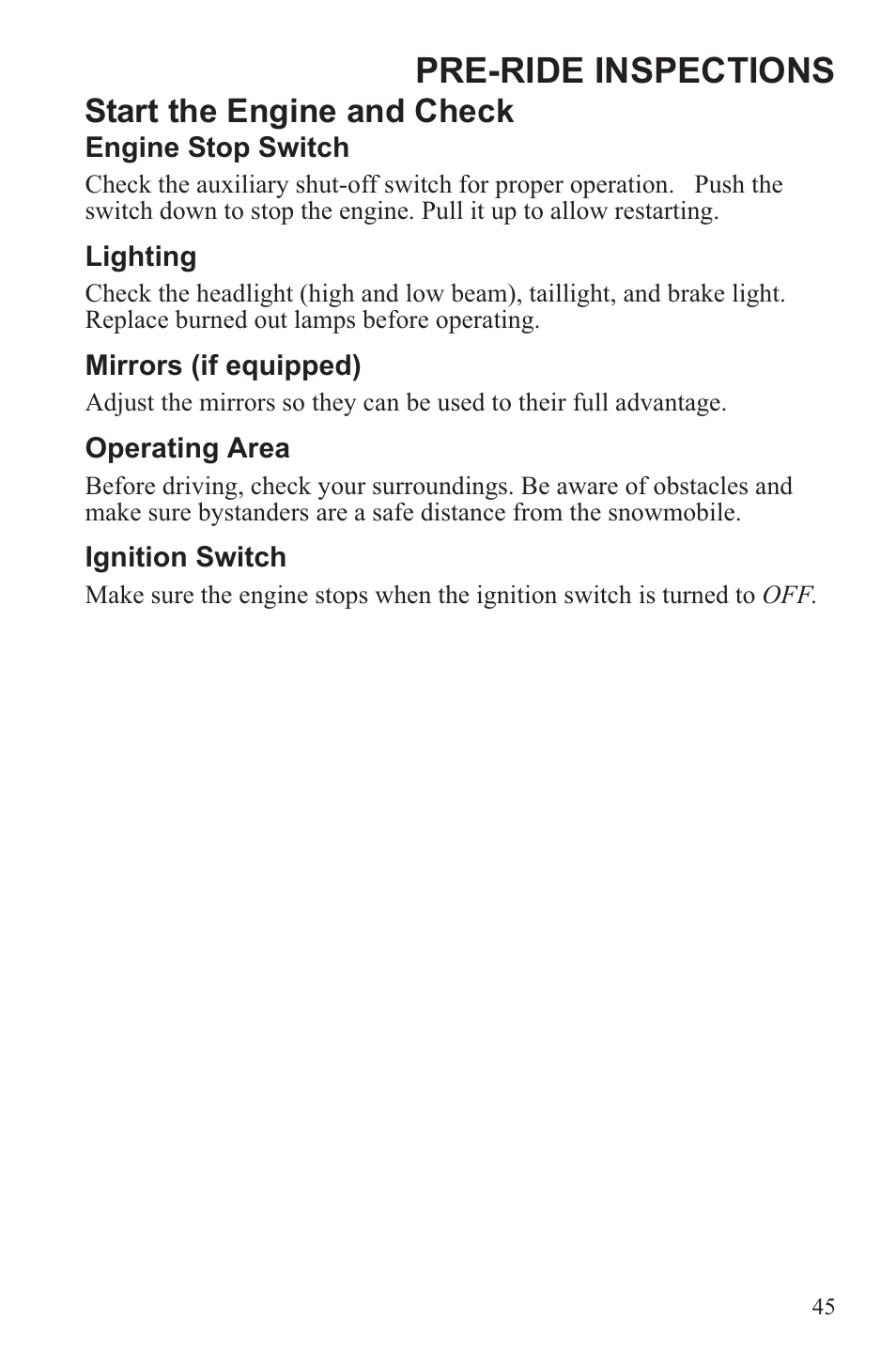 Pre-ride inspections, Start the engine and check | Polaris 2013 WideTrak LX User Manual | Page 49 / 131