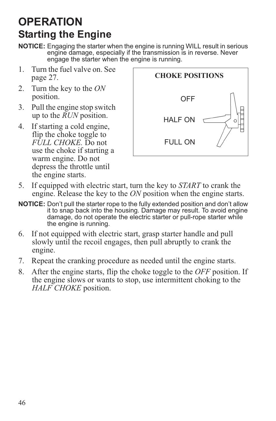 Operation, Starting the engine | Polaris 2013 WideTrak LX User Manual | Page 50 / 131