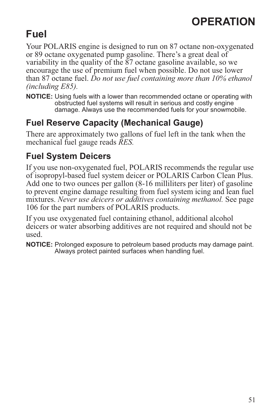 Operation, Fuel | Polaris 2013 WideTrak LX User Manual | Page 55 / 131