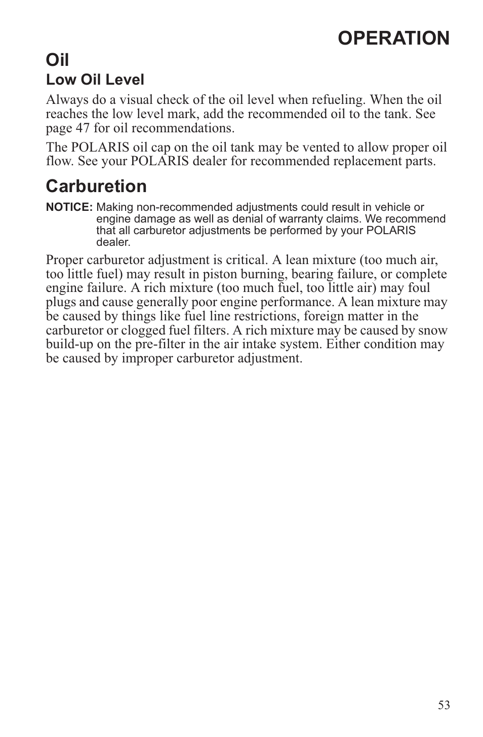 Operation, Carburetion | Polaris 2013 WideTrak LX User Manual | Page 57 / 131