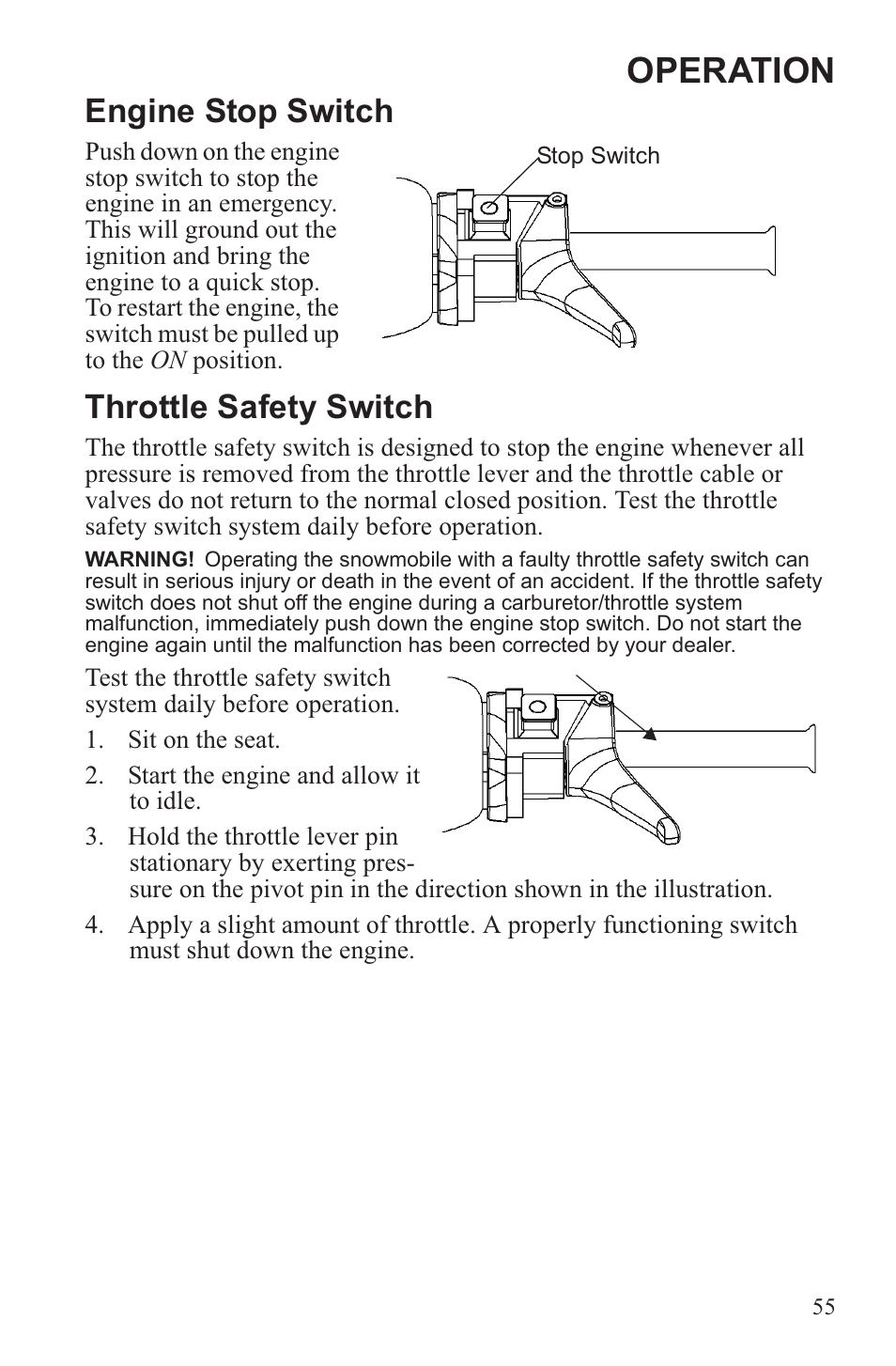 Operation, Engine stop switch, Throttle safety switch | Polaris 2013 WideTrak LX User Manual | Page 59 / 131