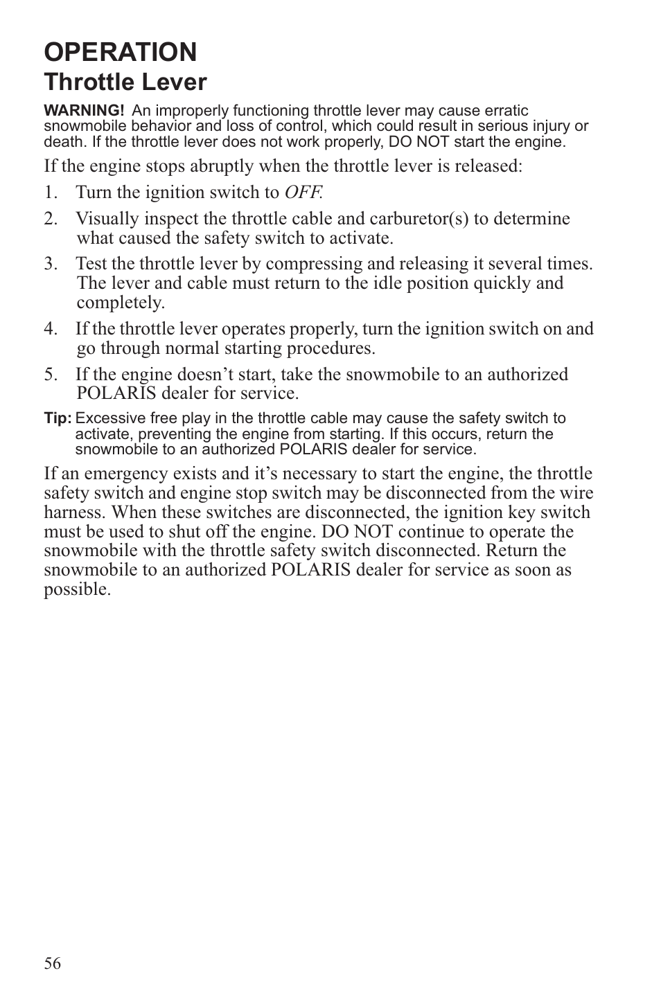 Operation, Throttle lever | Polaris 2013 WideTrak LX User Manual | Page 60 / 131