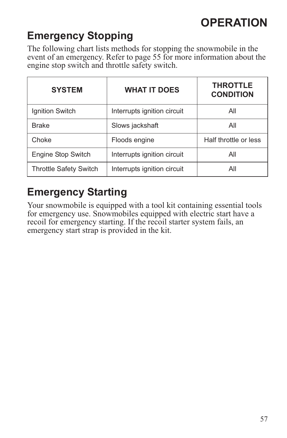 Operation, Emergency stopping, Emergency starting | Polaris 2013 WideTrak LX User Manual | Page 61 / 131
