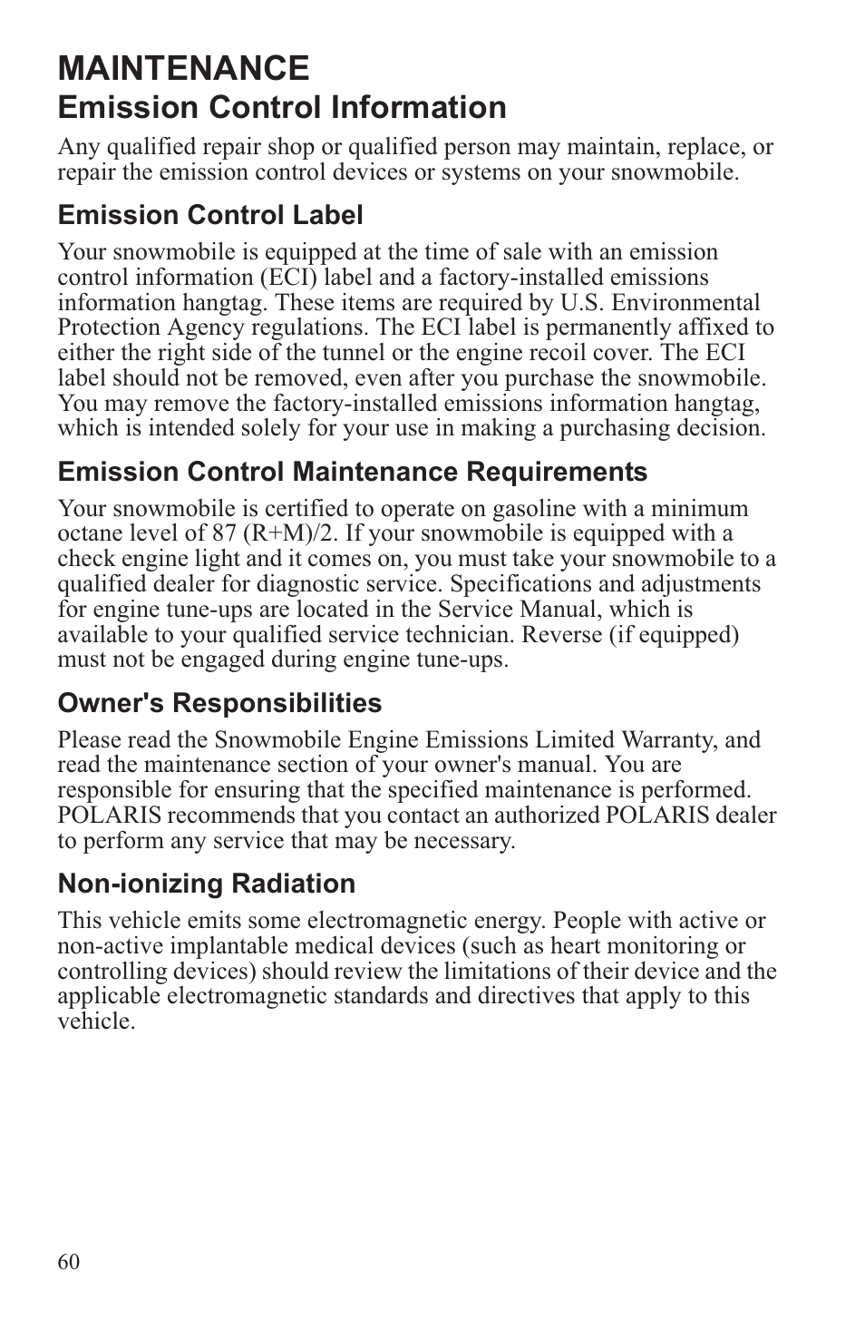 Maintenance, Emission control information | Polaris 2013 WideTrak LX User Manual | Page 64 / 131