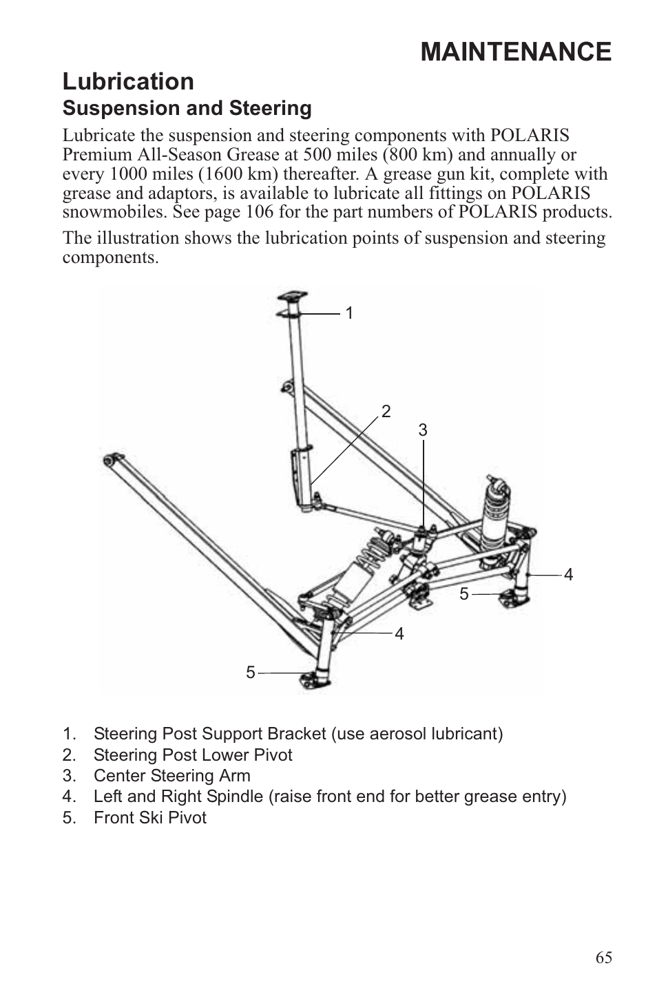 Maintenance, Lubrication, Suspension and steering | Polaris 2013 WideTrak LX User Manual | Page 69 / 131