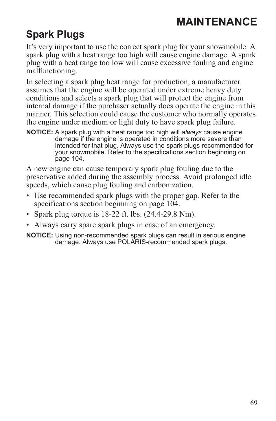 Maintenance, Spark plugs | Polaris 2013 WideTrak LX User Manual | Page 73 / 131