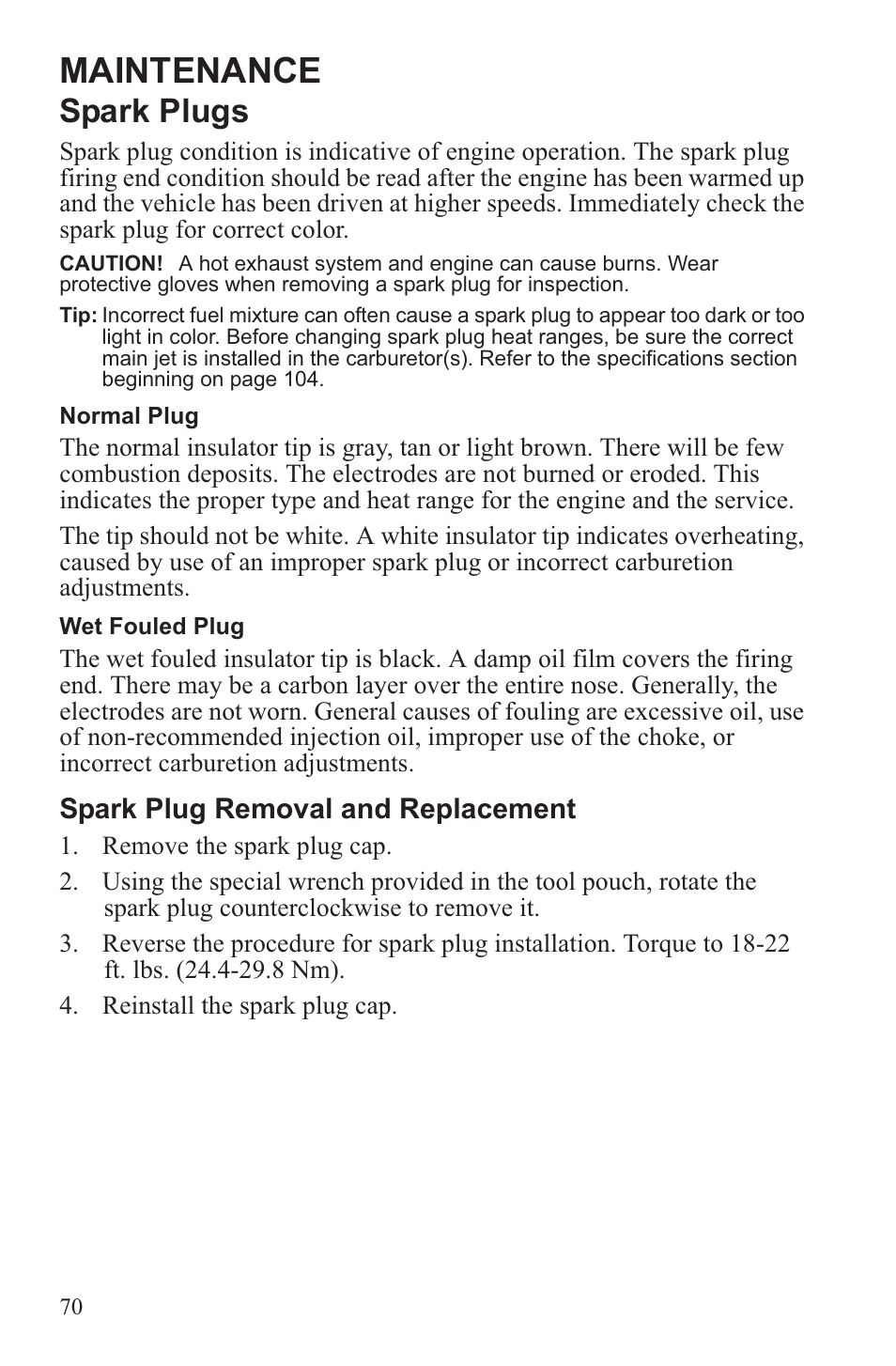 Maintenance, Spark plugs | Polaris 2013 WideTrak LX User Manual | Page 74 / 131