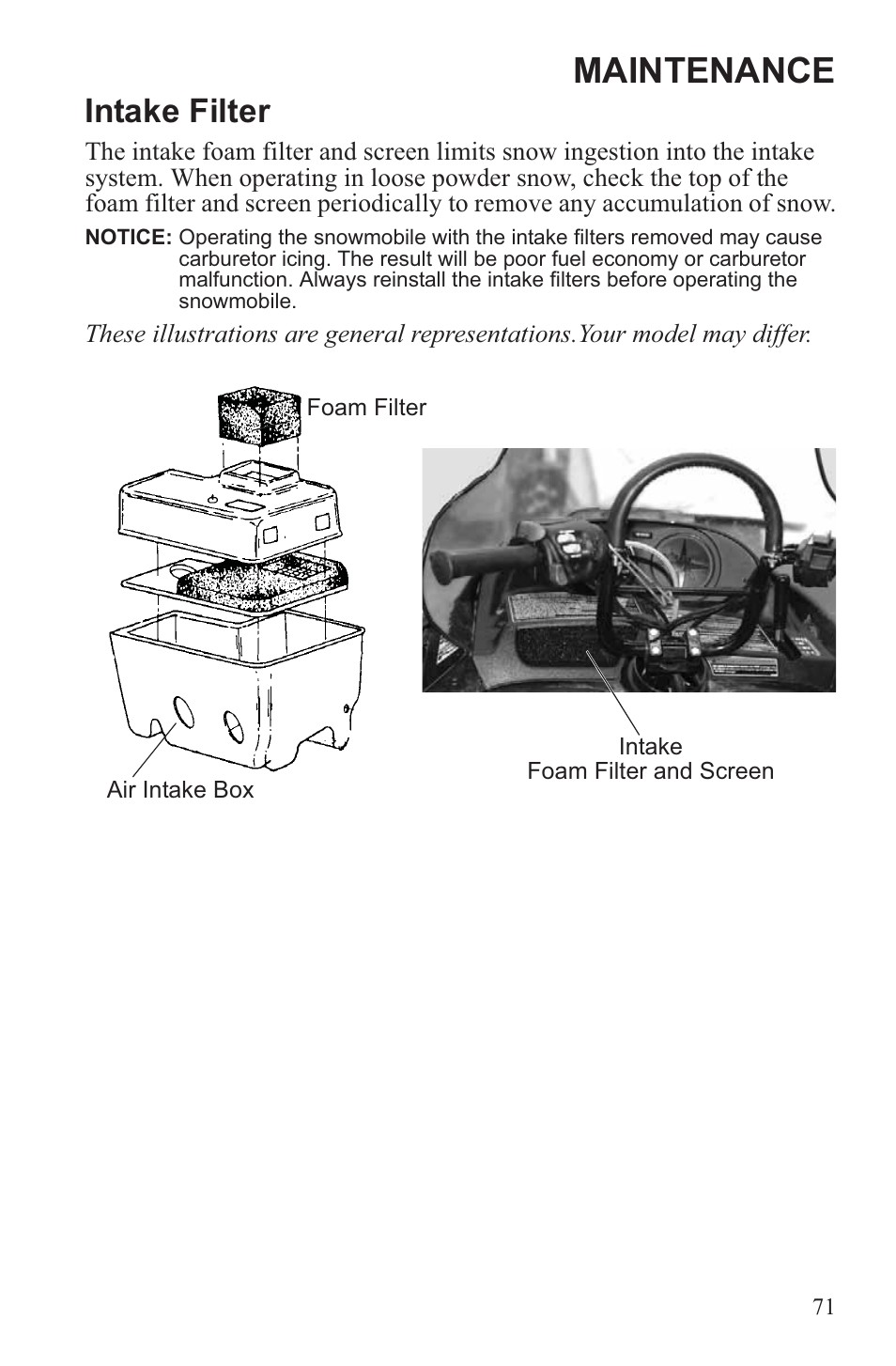 Maintenance, Intake filter | Polaris 2013 WideTrak LX User Manual | Page 75 / 131