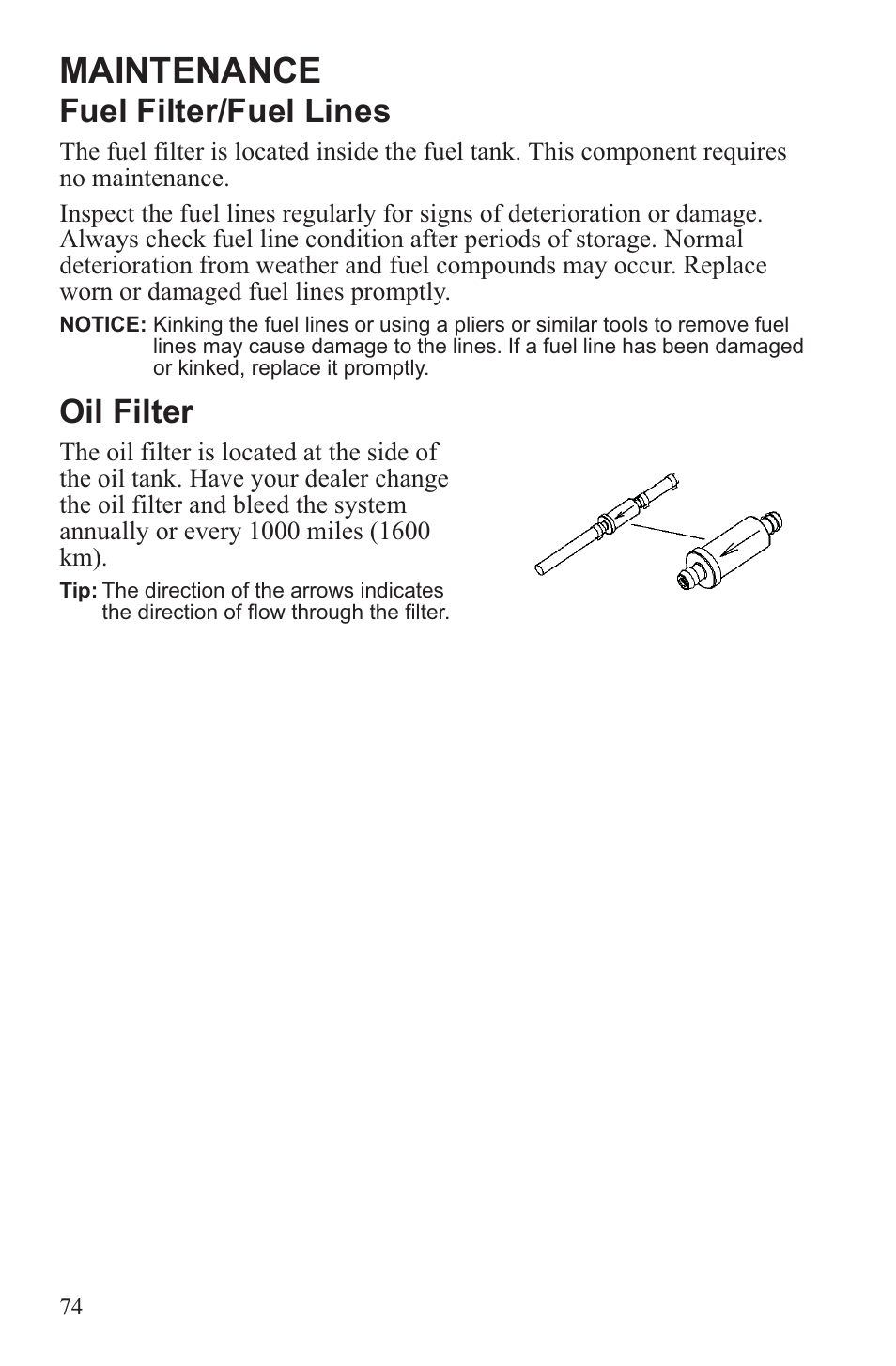 Maintenance, Fuel filter/fuel lines, Oil filter | Polaris 2013 WideTrak LX User Manual | Page 78 / 131