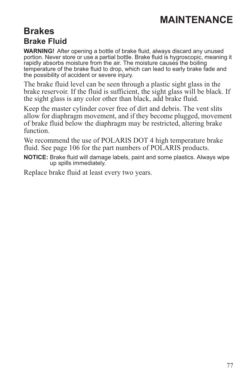 Maintenance, Brakes | Polaris 2013 WideTrak LX User Manual | Page 81 / 131