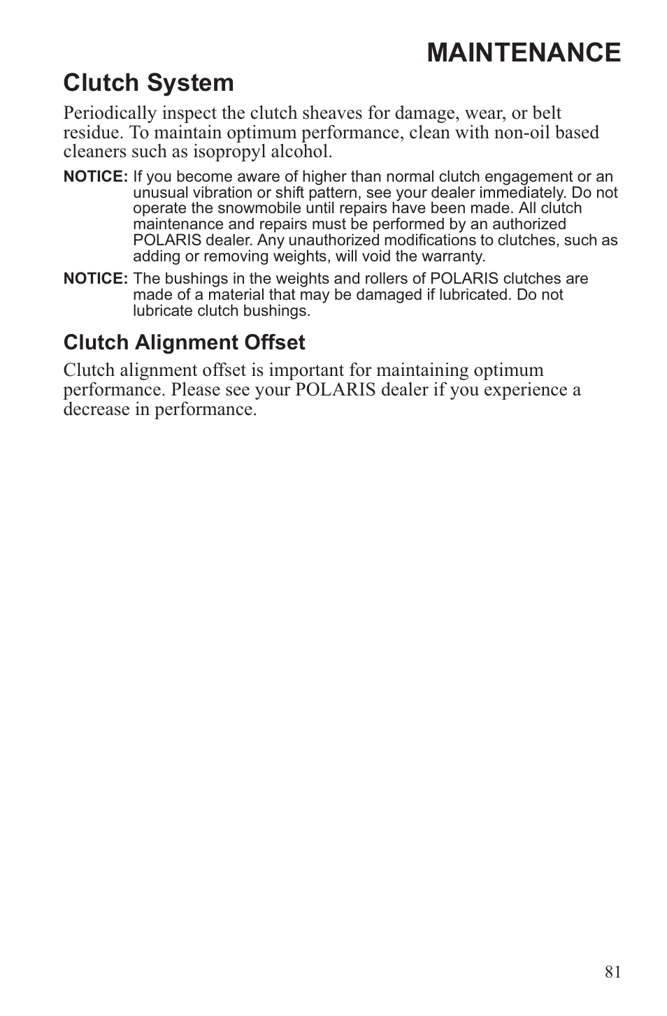 Maintenance, Clutch system | Polaris 2013 WideTrak LX User Manual | Page 85 / 131