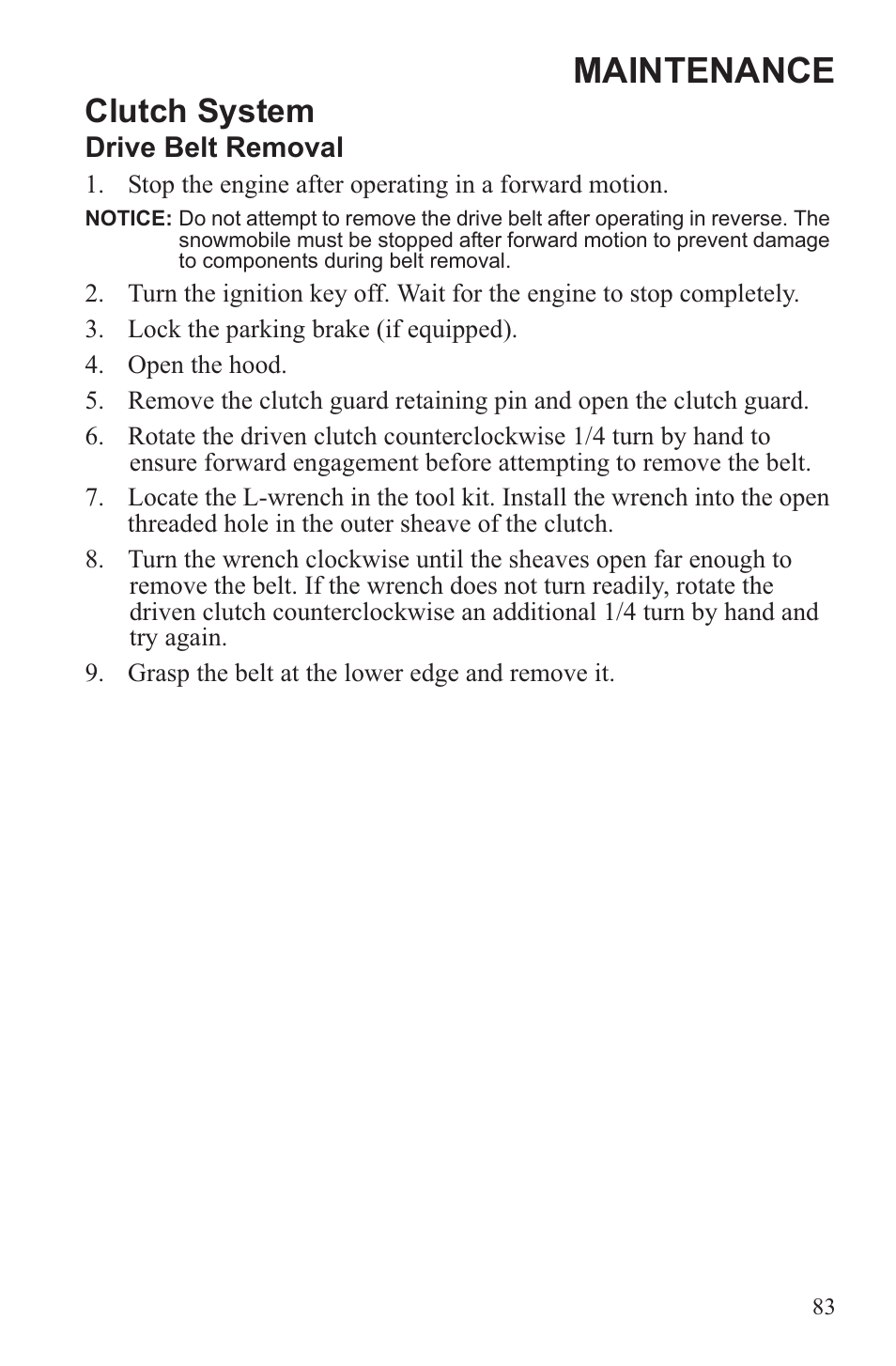 Maintenance, Clutch system | Polaris 2013 WideTrak LX User Manual | Page 87 / 131