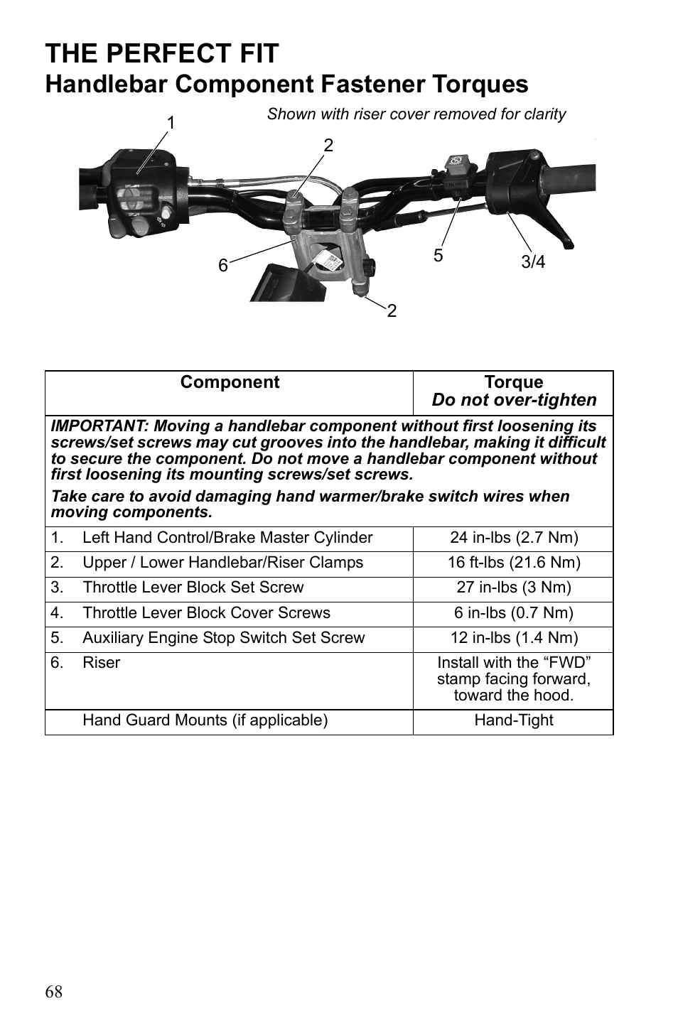 The perfect fit, Handlebar component fastener torques | Polaris 2016 600 Indy User Manual | Page 70 / 147