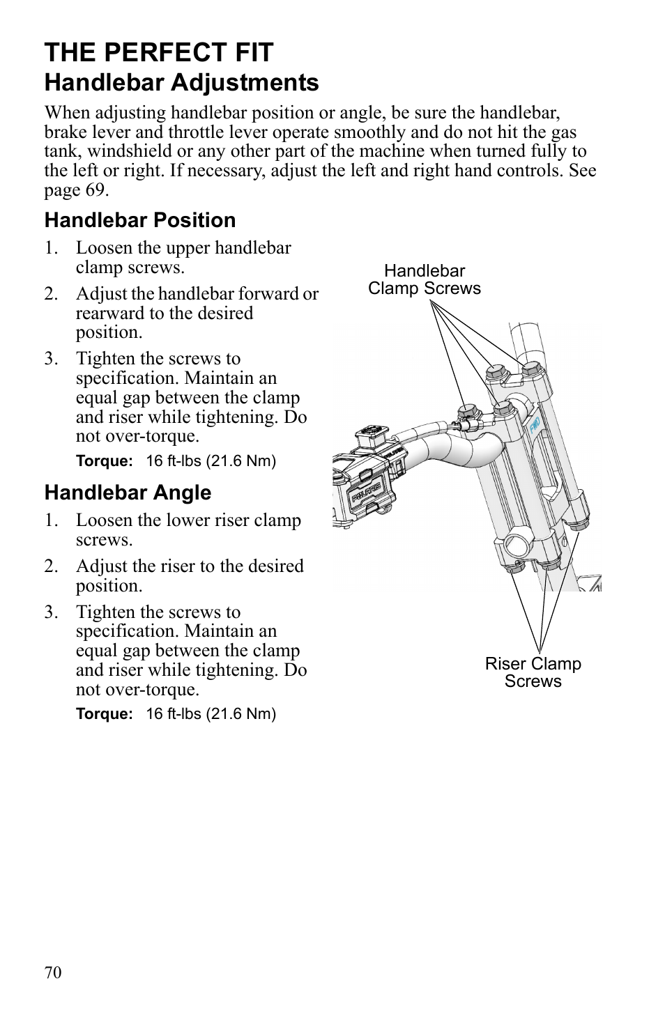 The perfect fit, Handlebar adjustments | Polaris 2016 600 Indy User Manual | Page 72 / 147