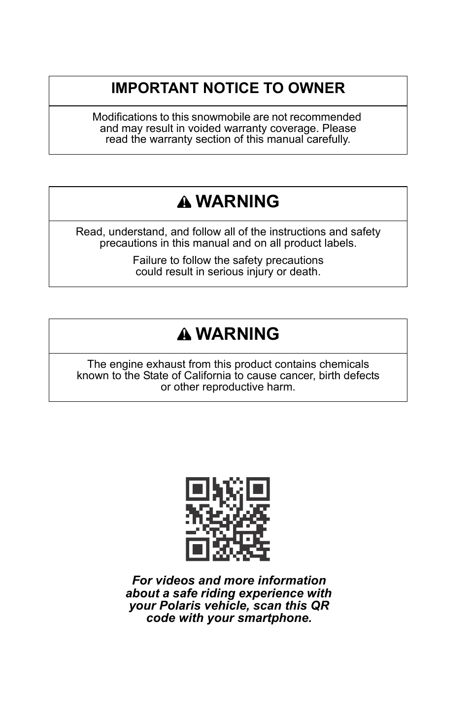 Warning, Important notice to owner | Polaris 2016 600 Switchback Assault 144 User Manual | Page 2 / 145