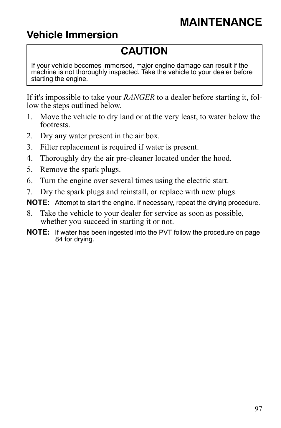 Maintenance, Vehicle immersion, Caution | Polaris 2008 Ranger 4x4 700 EFI User Manual | Page 100 / 136