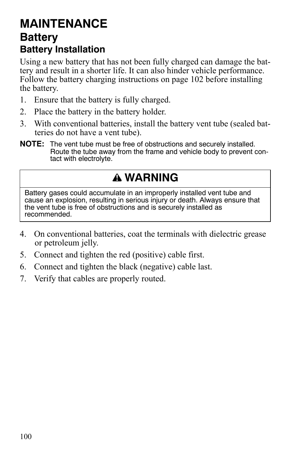 Maintenance, Battery, Warning | Battery installation | Polaris 2008 Ranger 4x4 700 EFI User Manual | Page 103 / 136