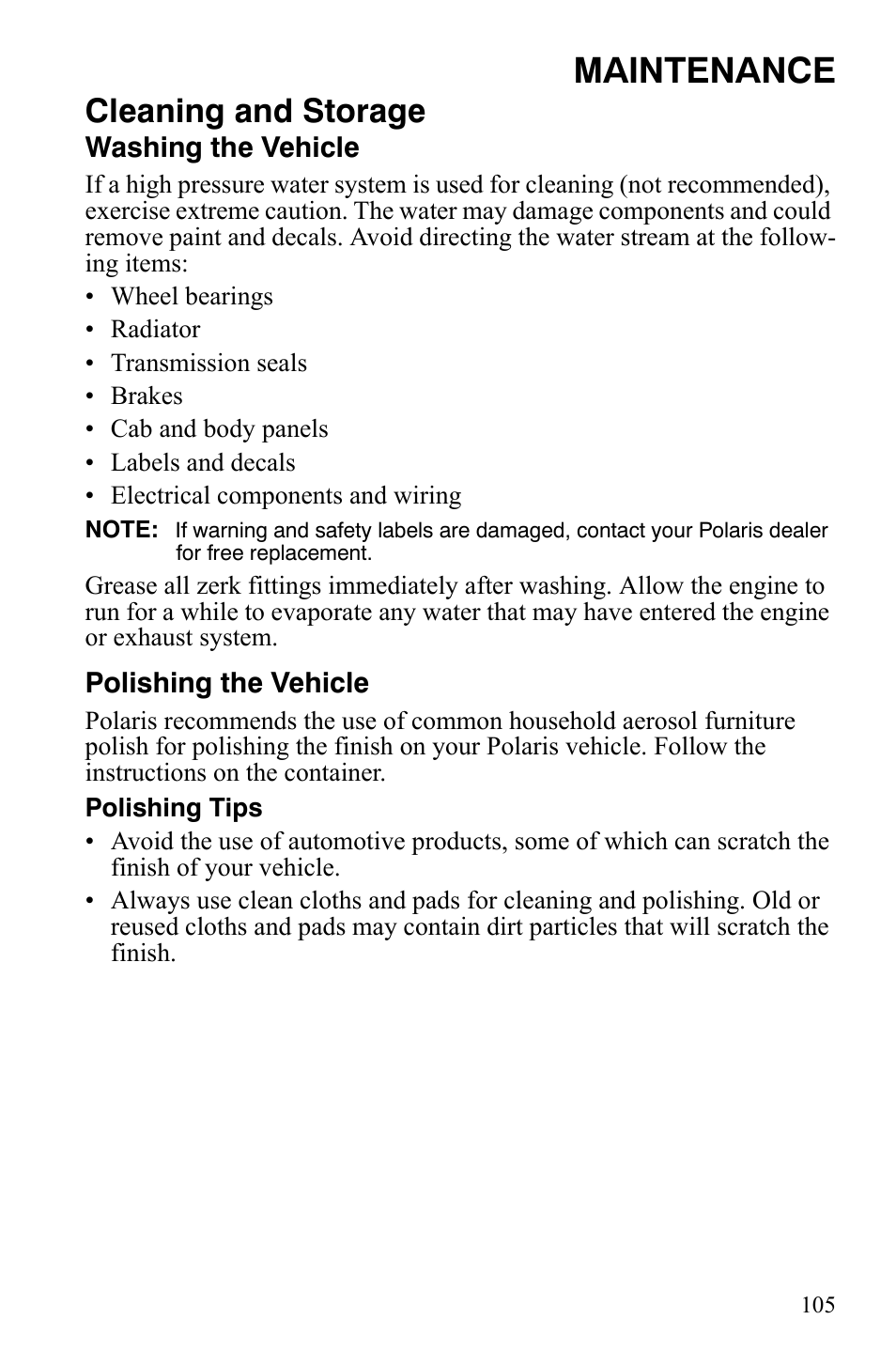 Maintenance, Cleaning and storage | Polaris 2008 Ranger 4x4 700 EFI User Manual | Page 108 / 136