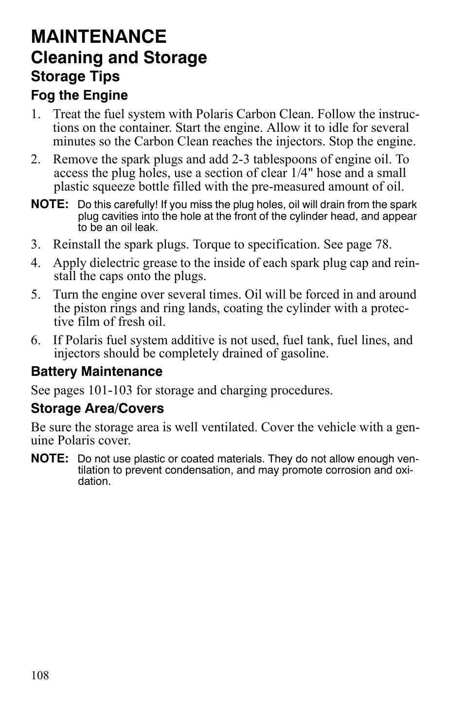 Maintenance, Cleaning and storage, Storage tips | Polaris 2008 Ranger 4x4 700 EFI User Manual | Page 111 / 136