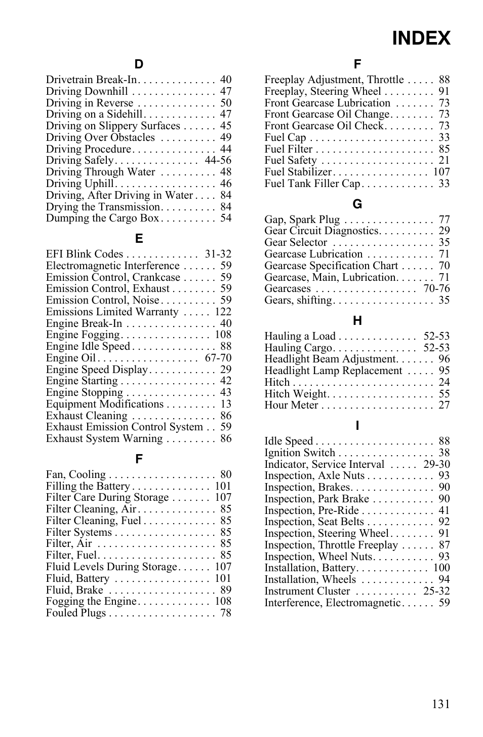 Index | Polaris 2008 Ranger 4x4 700 EFI User Manual | Page 134 / 136