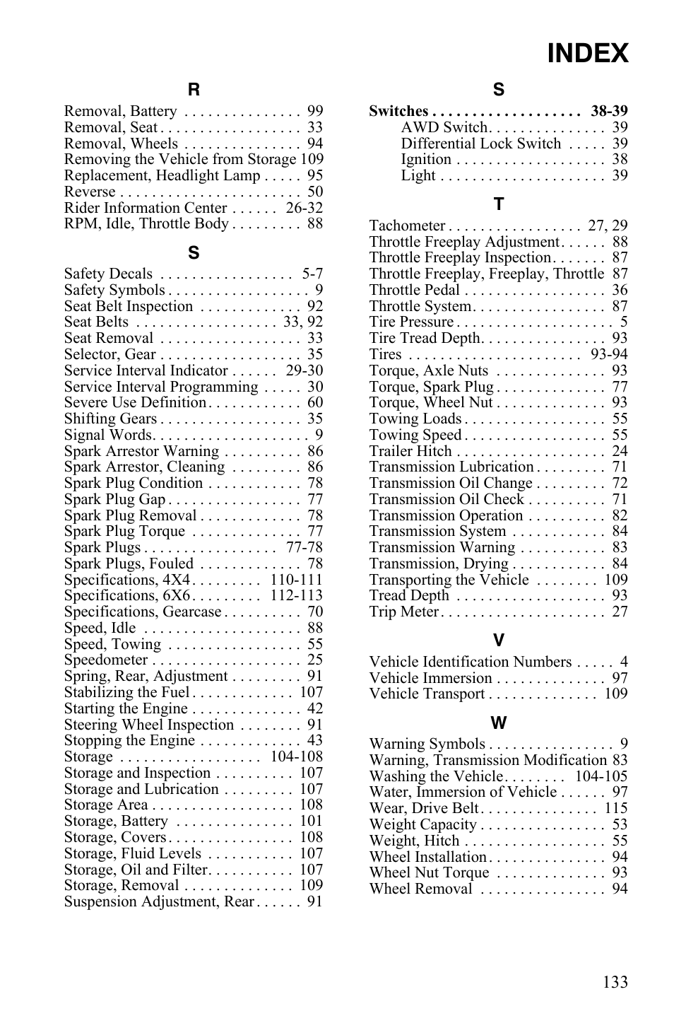 Index | Polaris 2008 Ranger 4x4 700 EFI User Manual | Page 136 / 136