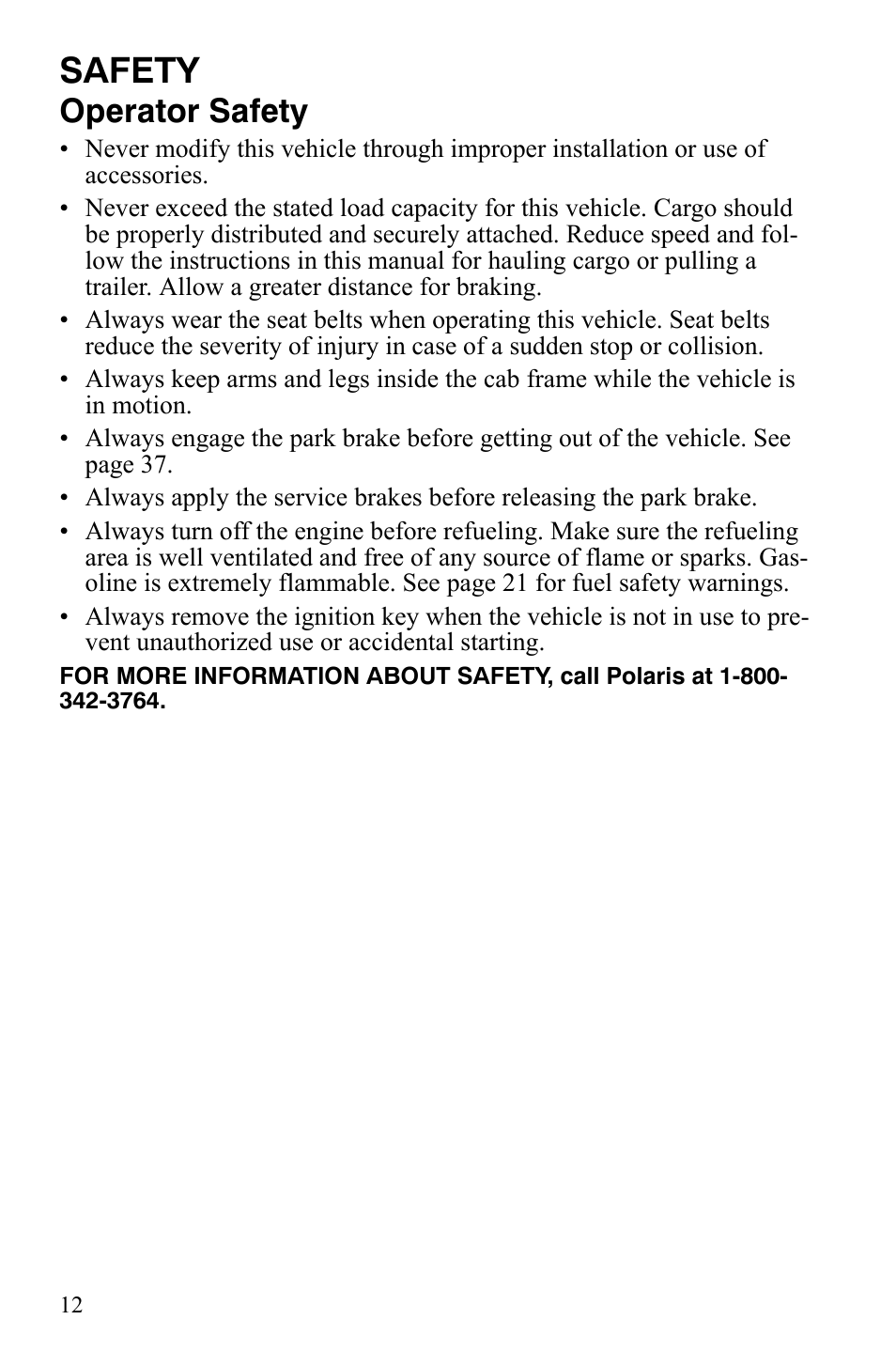 Safety, Operator safety | Polaris 2008 Ranger 4x4 700 EFI User Manual | Page 15 / 136