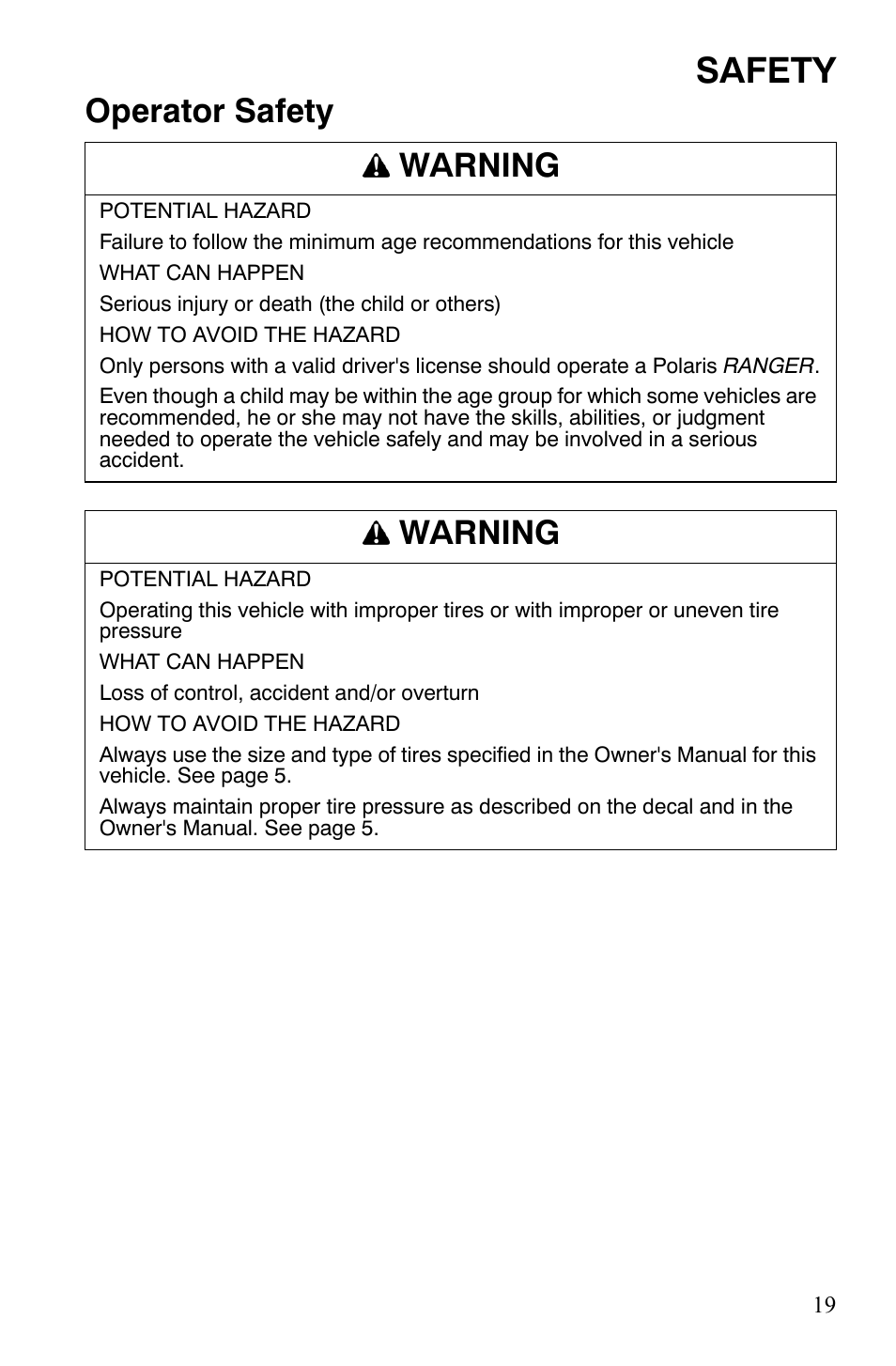 Safety, Operator safety warning, Warning | Polaris 2008 Ranger 4x4 700 EFI User Manual | Page 22 / 136