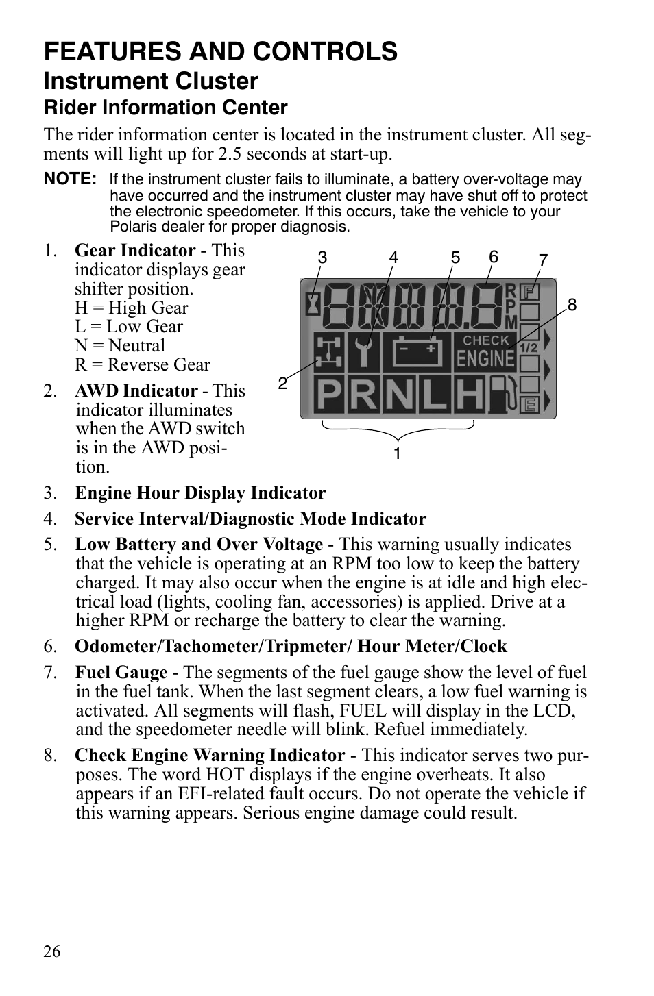 Features and controls, Instrument cluster | Polaris 2008 Ranger 4x4 700 EFI User Manual | Page 29 / 136