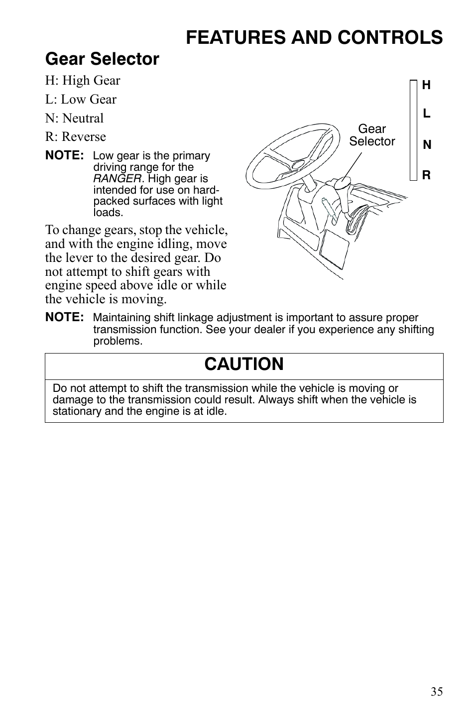 Features and controls, Gear selector, Caution | Polaris 2008 Ranger 4x4 700 EFI User Manual | Page 38 / 136