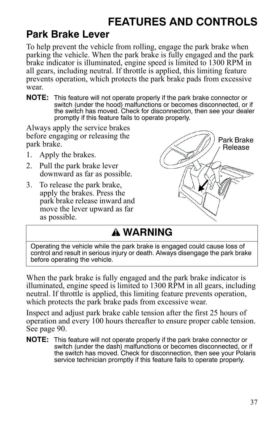 Features and controls, Park brake lever, Warning | Polaris 2008 Ranger 4x4 700 EFI User Manual | Page 40 / 136