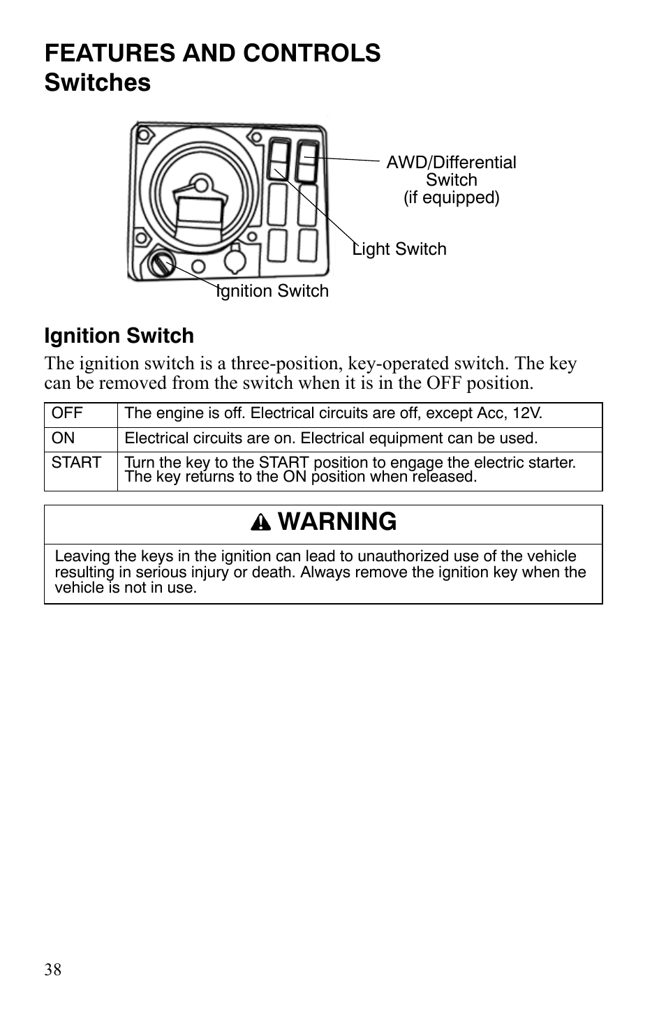 Features and controls switches, Warning, Ignition switch | Polaris 2008 Ranger 4x4 700 EFI User Manual | Page 41 / 136