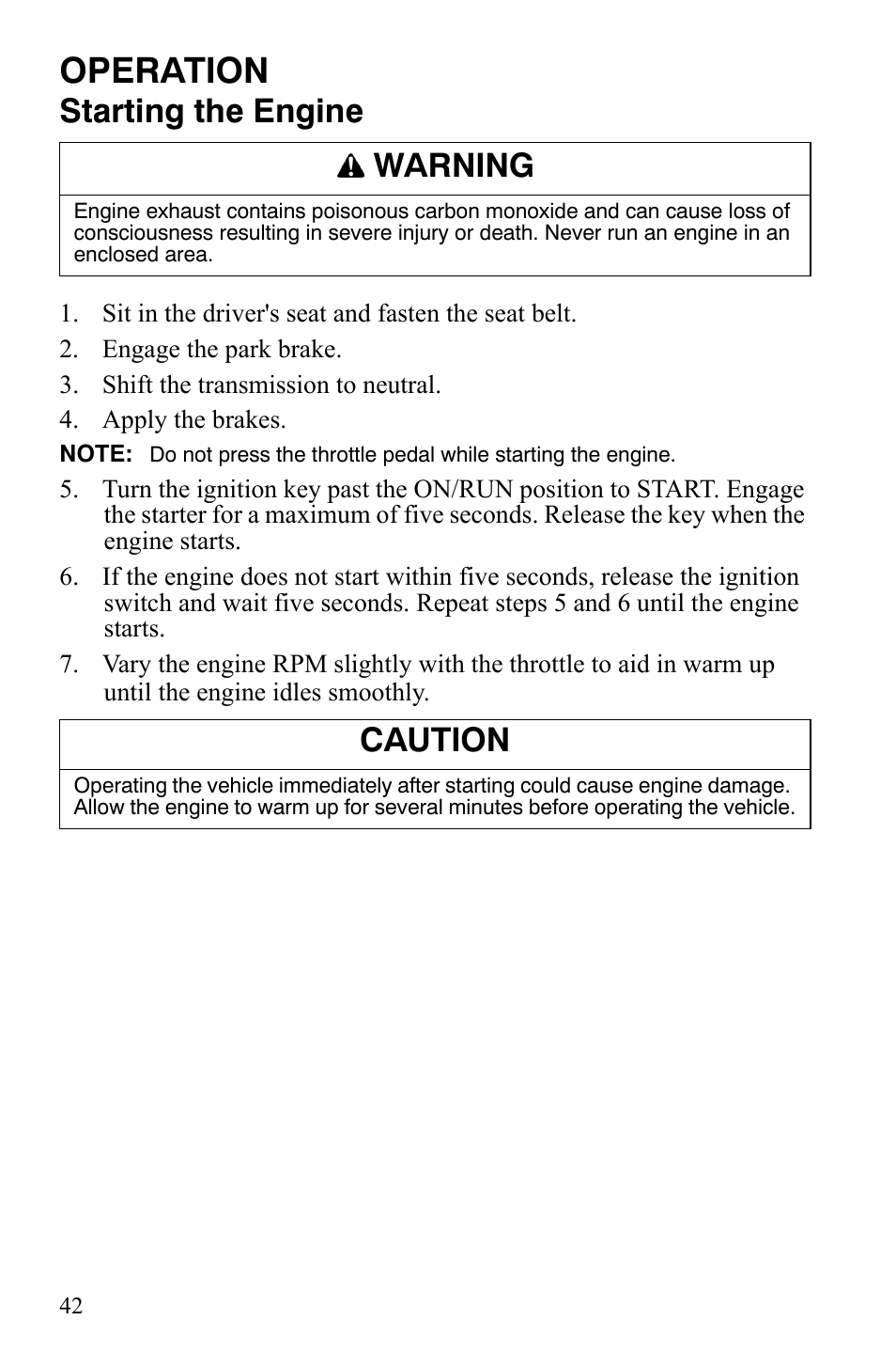 Operation, Starting the engine, Warning | Caution | Polaris 2008 Ranger 4x4 700 EFI User Manual | Page 45 / 136