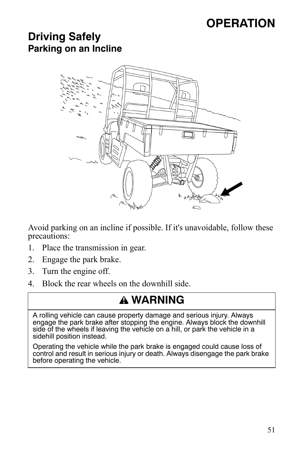 Operation, Driving safely, Warning | Polaris 2008 Ranger 4x4 700 EFI User Manual | Page 54 / 136