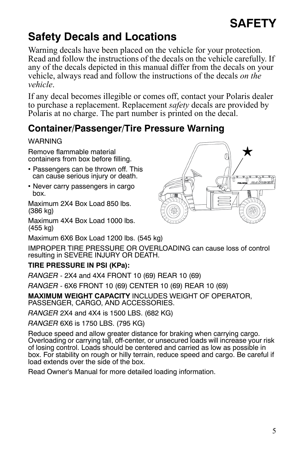 Safety, Safety decals and locations, Container/passenger/tire pressure warning | Polaris 2008 Ranger 4x4 700 EFI User Manual | Page 8 / 136