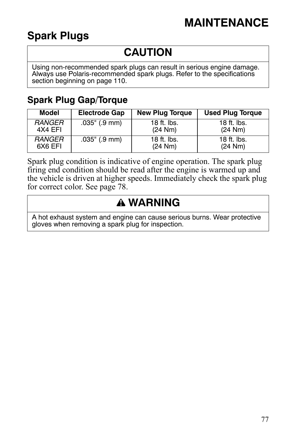 Maintenance, Spark plugs, Caution | Warning, Spark plug gap/torque | Polaris 2008 Ranger 4x4 700 EFI User Manual | Page 80 / 136