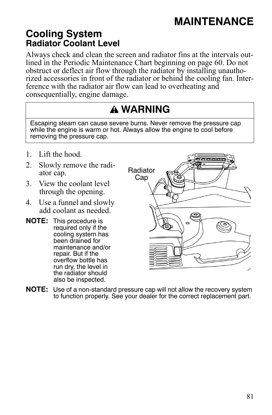 Maintenance, Cooling system, Warning | Radiator coolant level | Polaris 2008 Ranger 4x4 700 EFI User Manual | Page 84 / 136