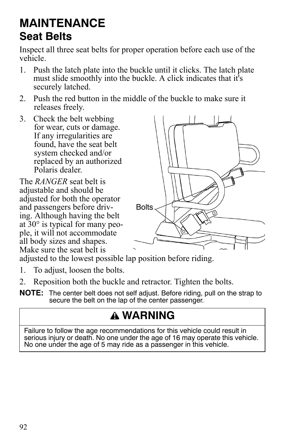 Maintenance, Seat belts, Warning | Polaris 2008 Ranger 4x4 700 EFI User Manual | Page 95 / 136