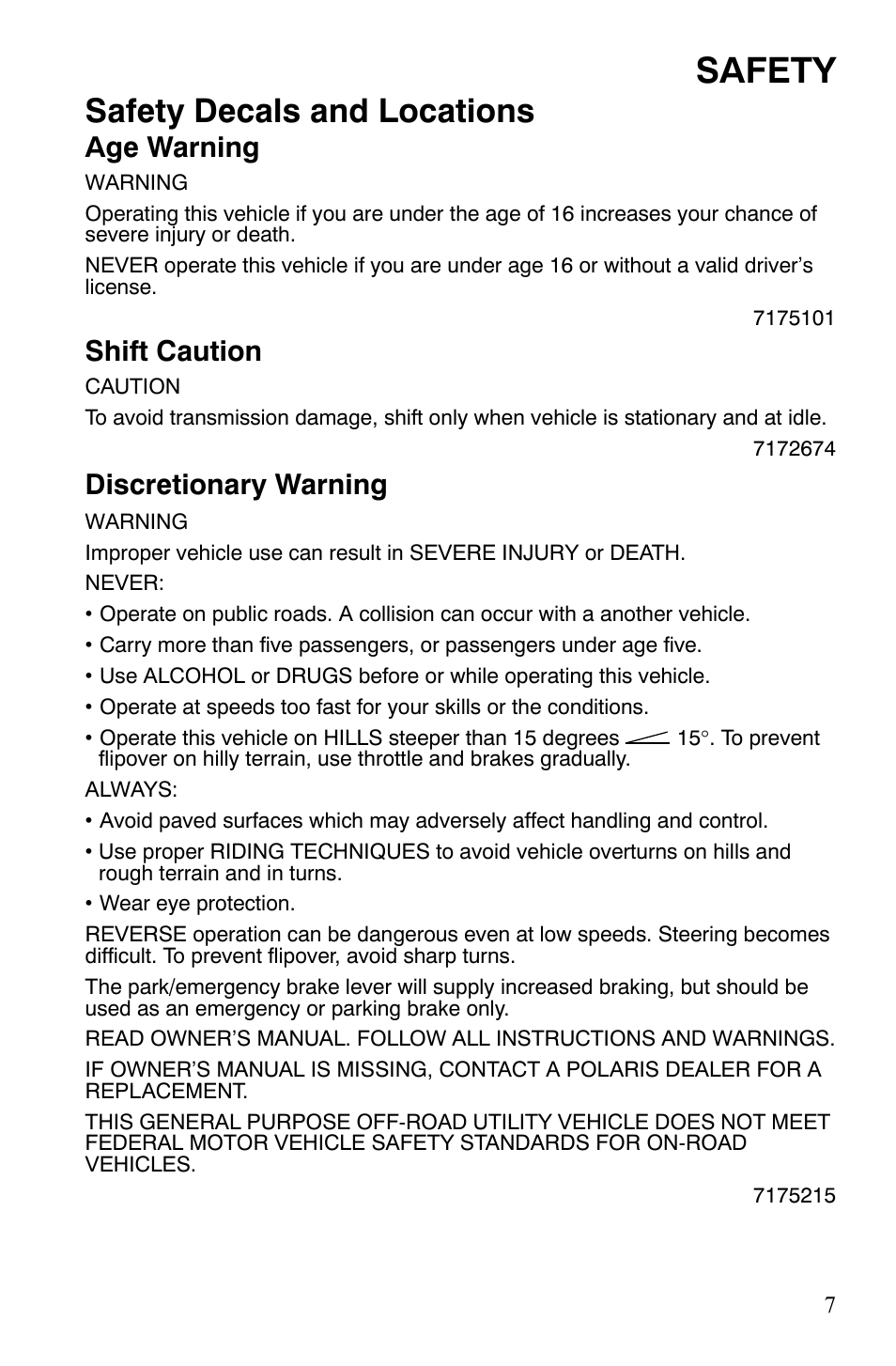 Safety, Safety decals and locations, Age warning | Shift caution, Discretionary warning | Polaris 2008 Ranger Crew User Manual | Page 10 / 132