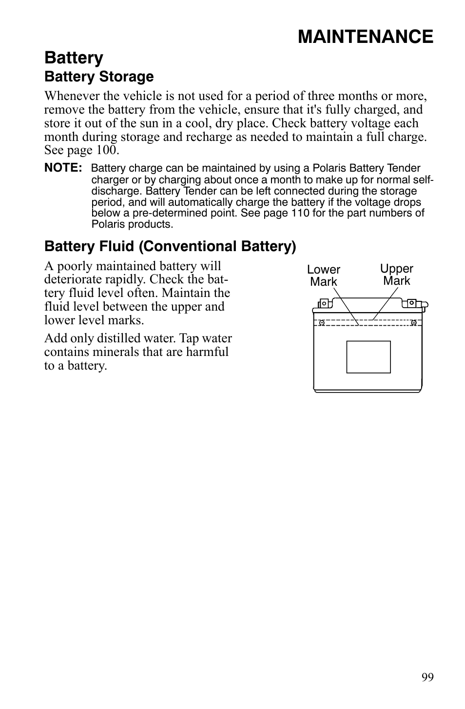 Maintenance, Battery, Battery storage | Battery fluid (conventional battery) | Polaris 2008 Ranger Crew User Manual | Page 102 / 132