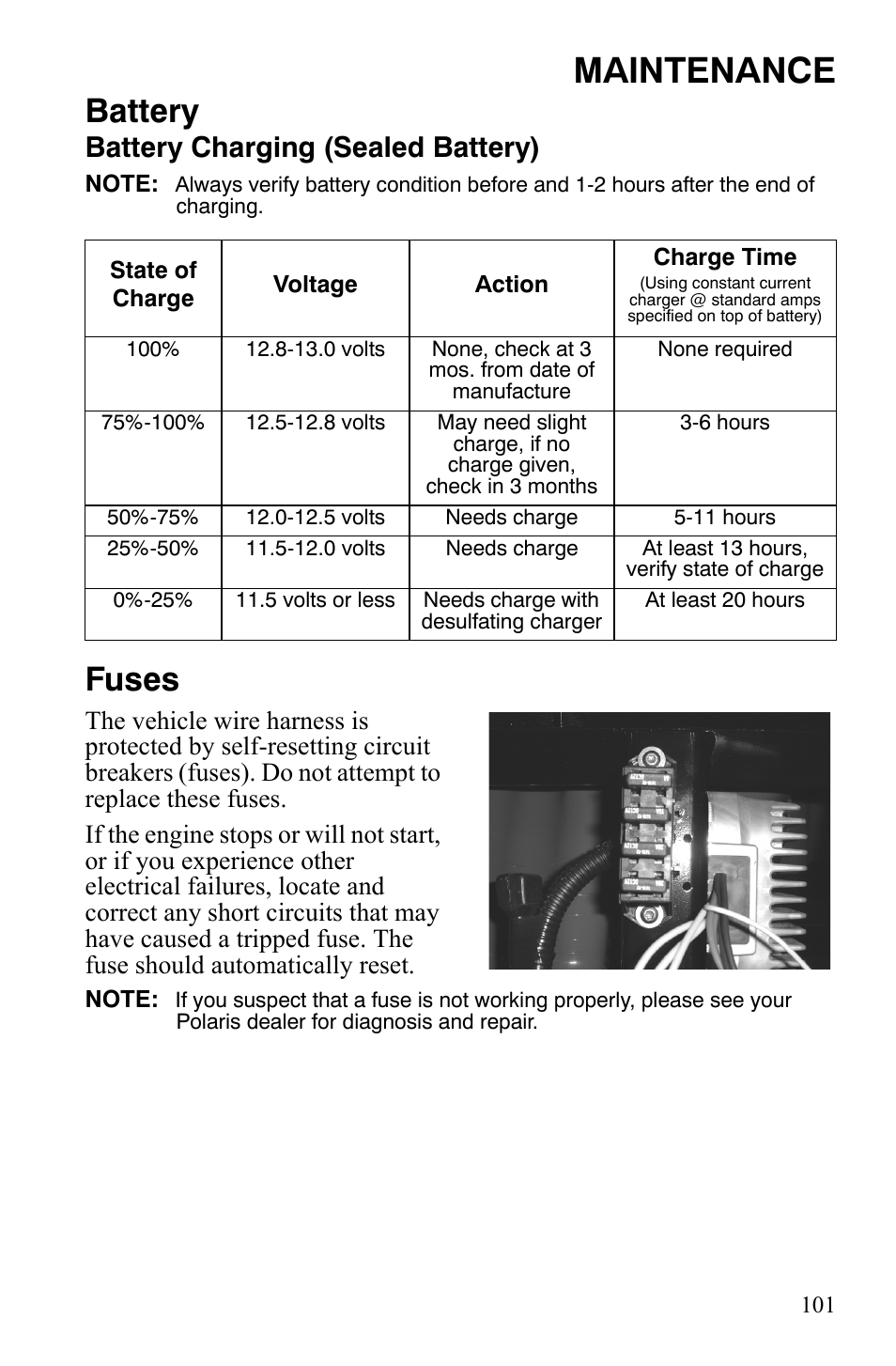 Maintenance, Battery, Fuses | Battery charging (sealed battery) | Polaris 2008 Ranger Crew User Manual | Page 104 / 132