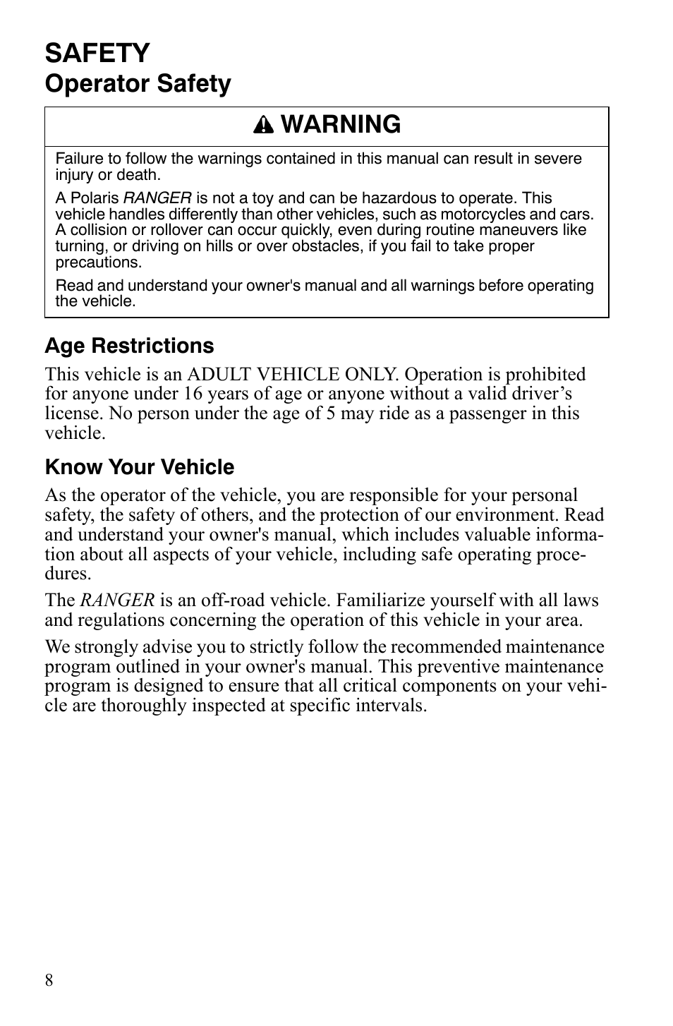 Safety, Operator safety, Warning | Polaris 2008 Ranger Crew User Manual | Page 11 / 132