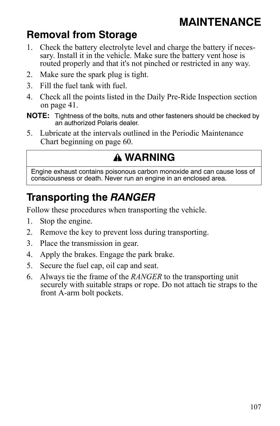 Maintenance, Removal from storage, Transporting the ranger | Warning | Polaris 2008 Ranger Crew User Manual | Page 110 / 132