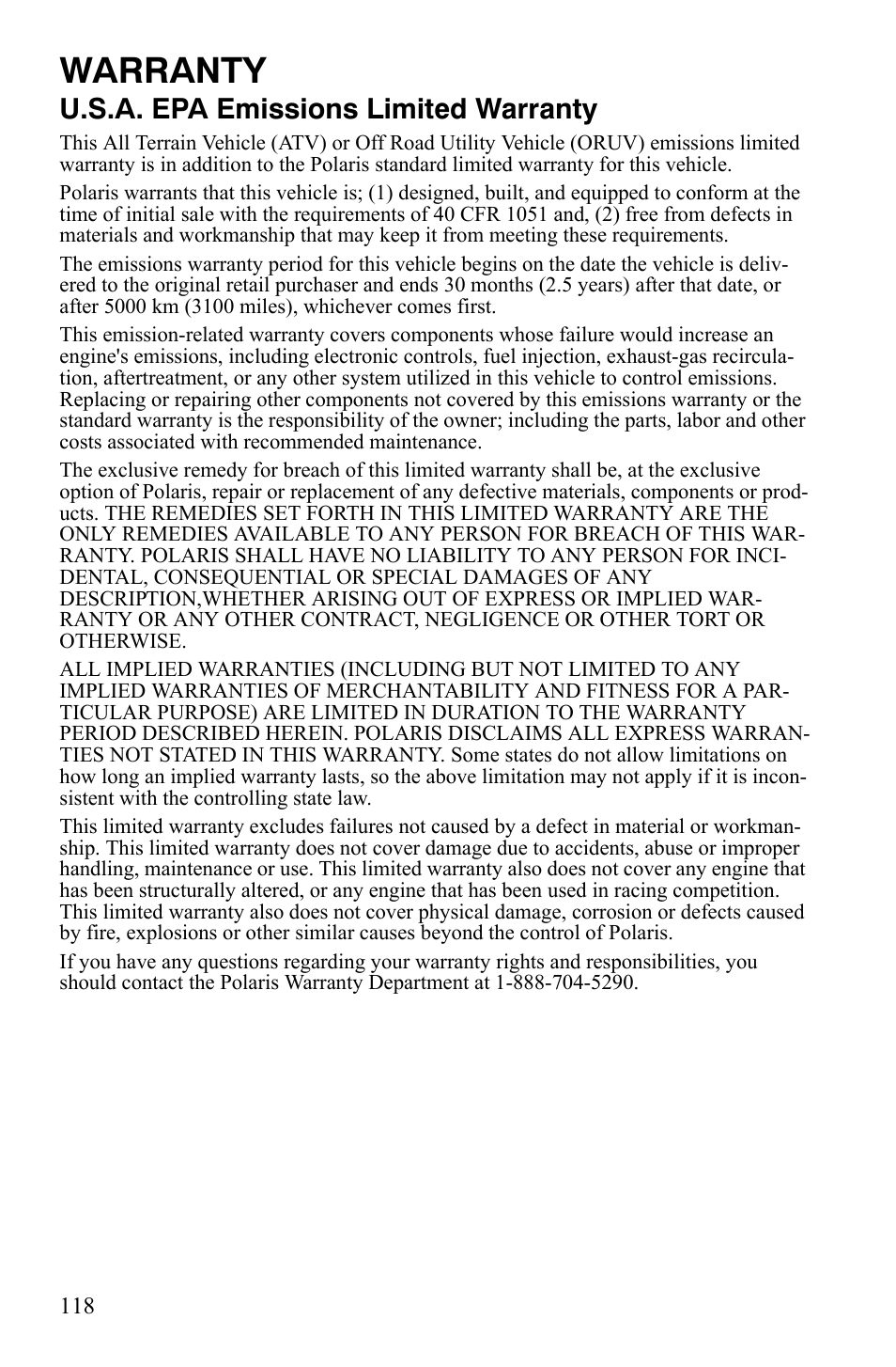 Warranty, U.s.a. epa emissions limited warranty | Polaris 2008 Ranger Crew User Manual | Page 121 / 132