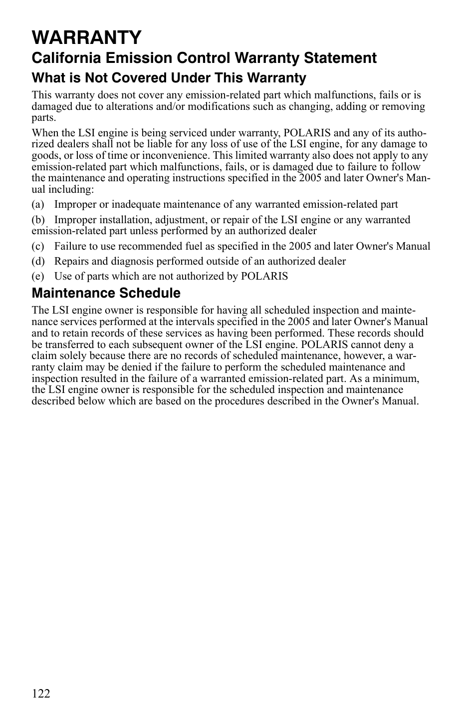 Warranty, California emission control warranty statement | Polaris 2008 Ranger Crew User Manual | Page 125 / 132