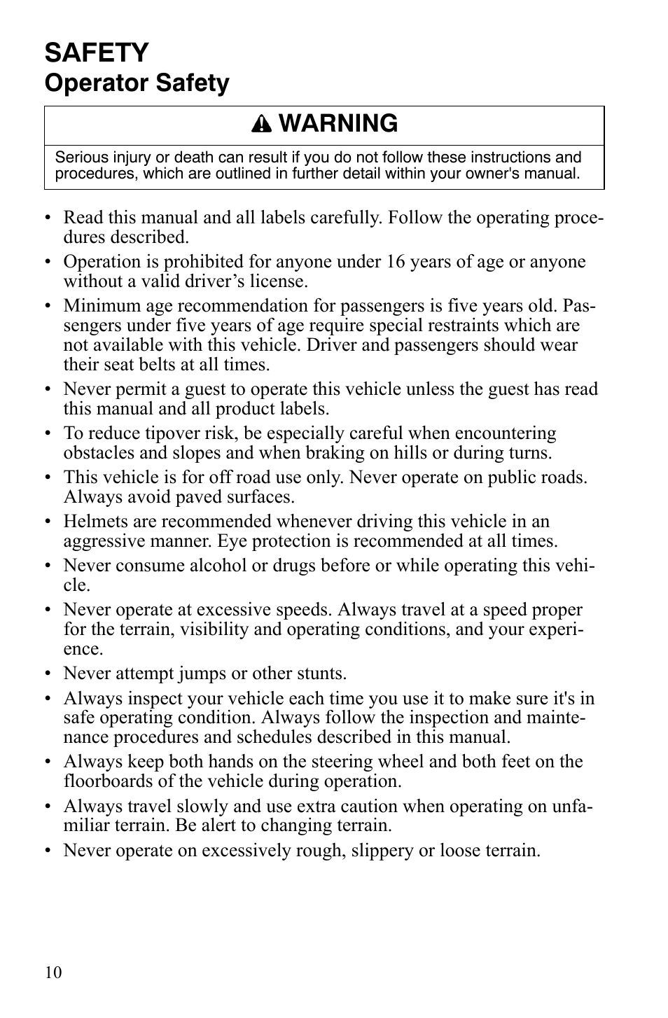 Safety, Operator safety, Warning | Polaris 2008 Ranger Crew User Manual | Page 13 / 132